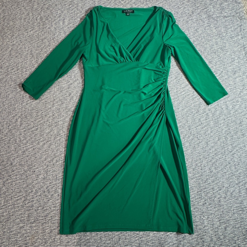 Lauren Ralph Lauren Green Ruched Faux Wrap V-Neck Sheath Dress Womens 10
